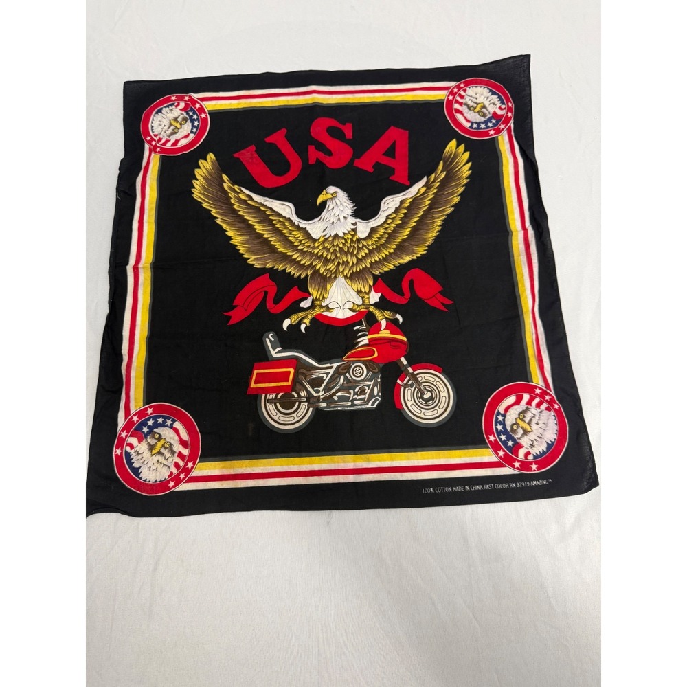 Vintage USA Eagle Motorcycle Bandana Black Cotton Biker Scarf RN 92919 AMAZING